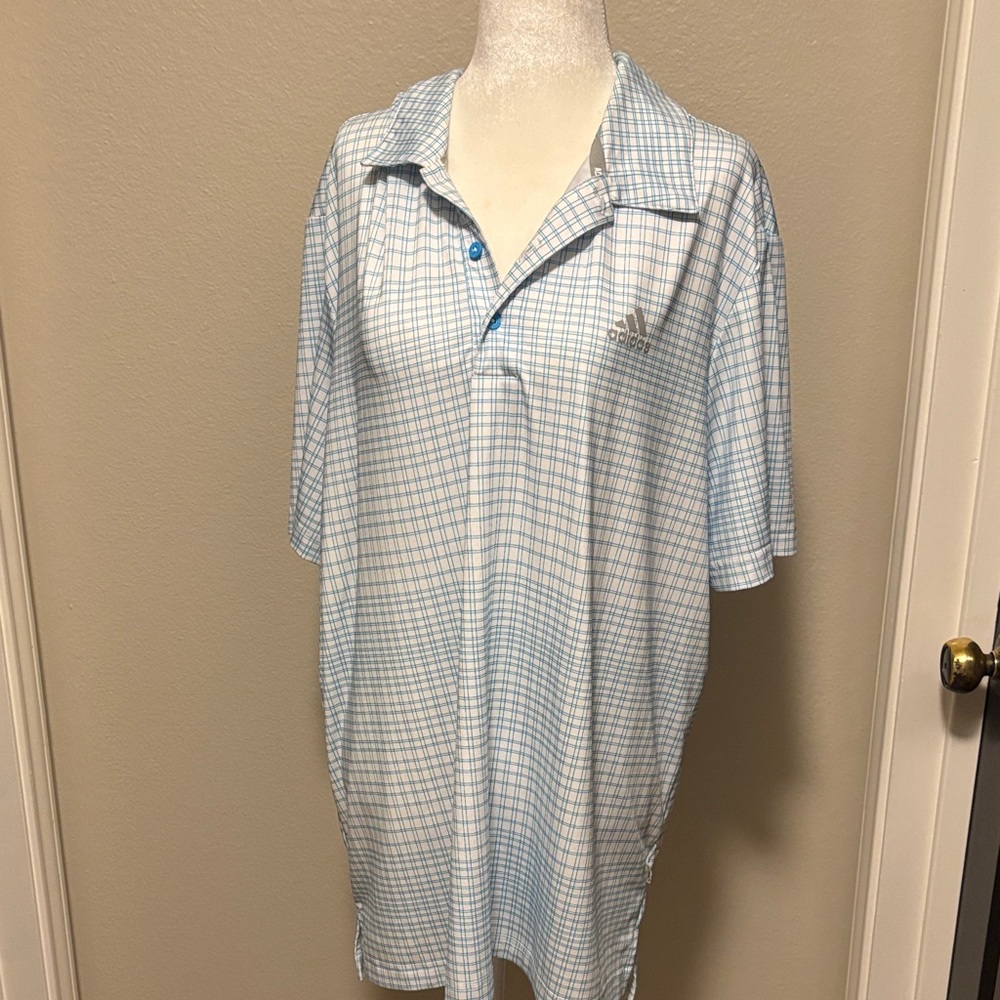 Adidas Men's Light Blue Plaid Golf Polo Shirt